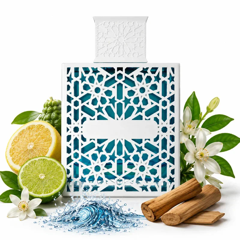 Elegantes Luxusparfum mit arabischem Muster, Zitrusnoten und Zimtstangen