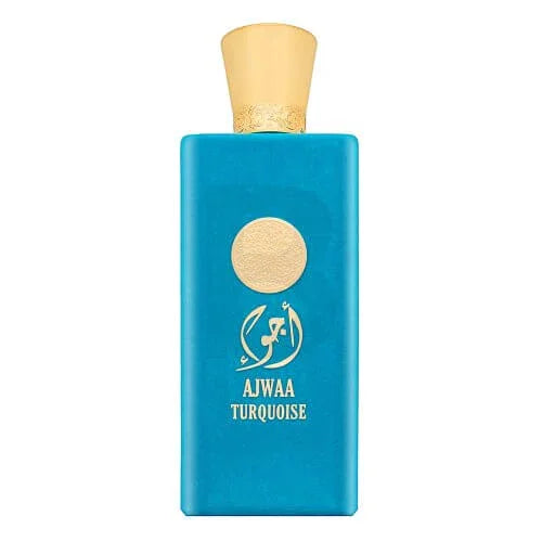 Luxusparfumflakon in Türkis mit goldener Kappe und goldener Aufschrift Ajwaa Turquoise