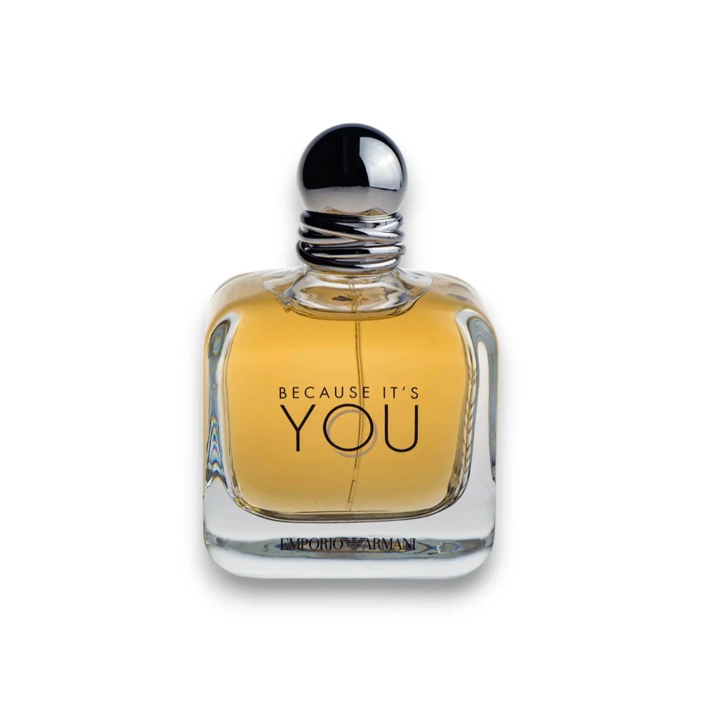 Edles Parfumflakon mit goldener Flüssigkeit und Schriftzug Because It's You auf weißem Hintergrund