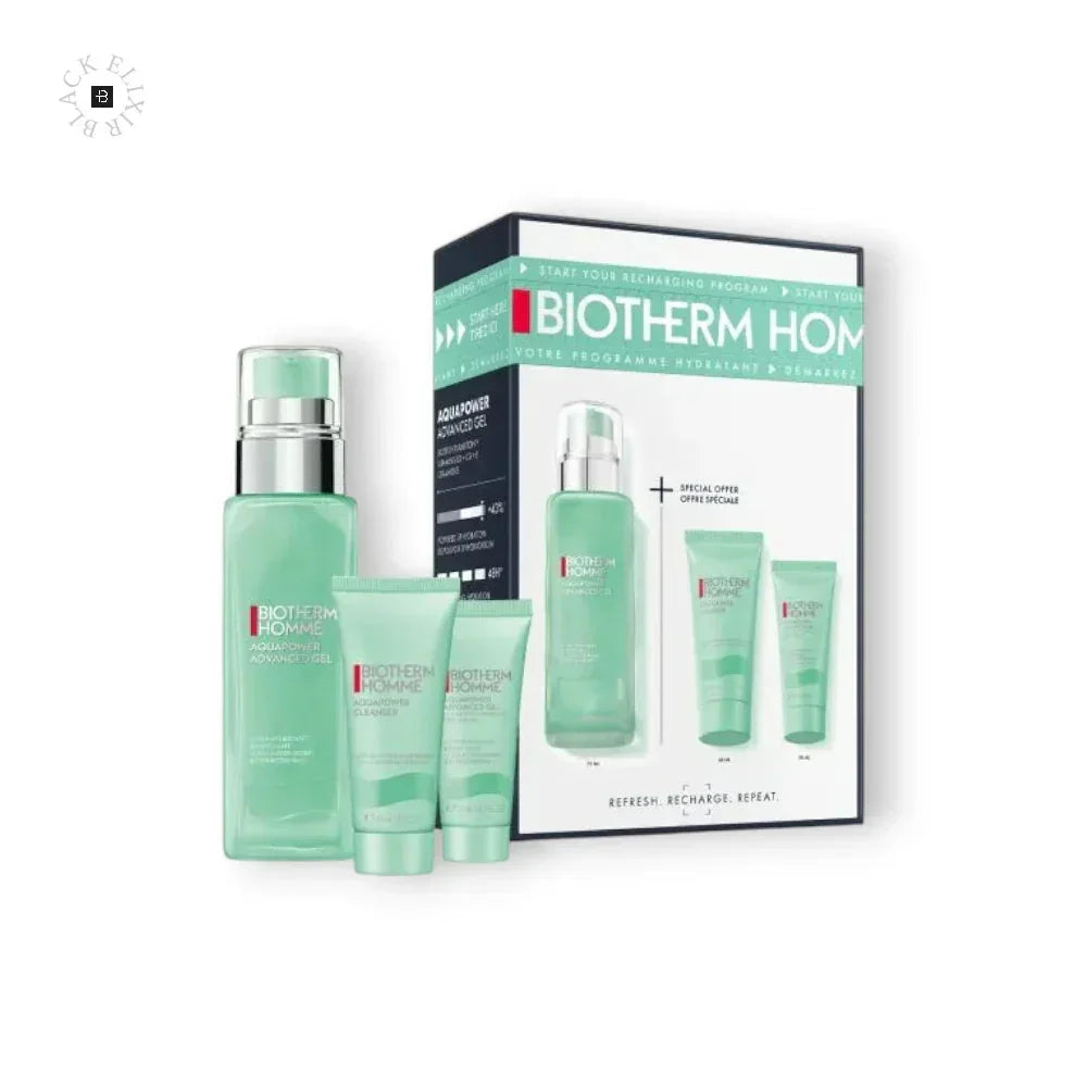 Biotherm Homme Aquapower Advanced Gel Set für Herren mit Gel, Cleanser und Tube, auf weißem Hintergrund