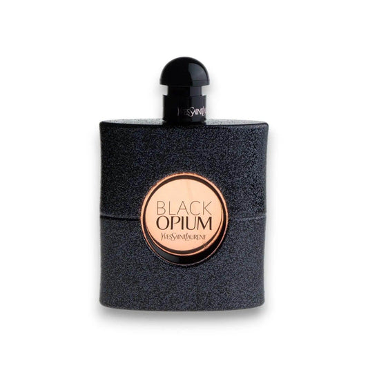 Schwarzer Parfumflakon Black Opium Eau de Parfum mit goldenem Etikett auf weißem Hintergrund