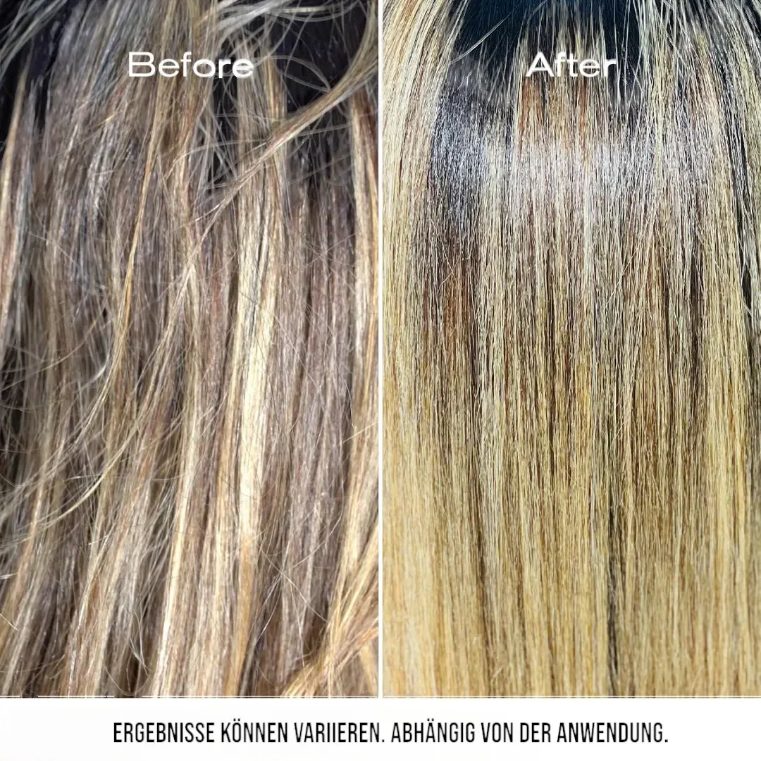 Vorher-nachher Bild von blondiertem Haar, links dunkel und stumpf, rechts hell und glänzend