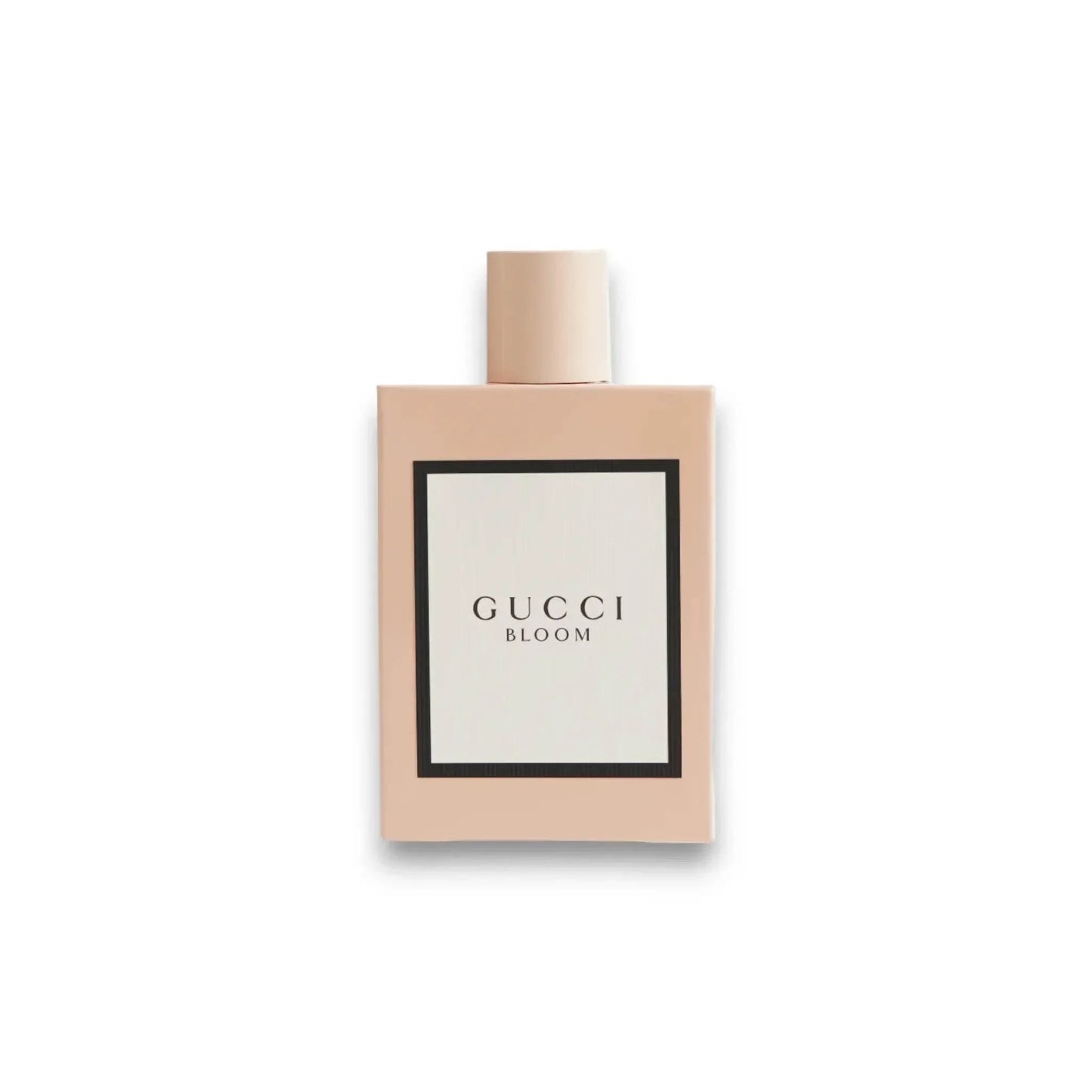 Eleganter Flakon eines Damenparfums mit schlichtem, cremefarbenem Design auf weißem Hintergrund.