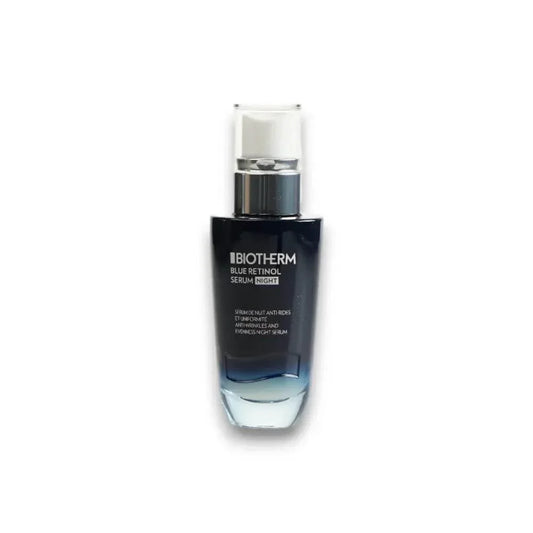 Blaues Retinol Nachtserum in eleganter Glasflasche mit Pumpspender, Anti-Aging Pflege
