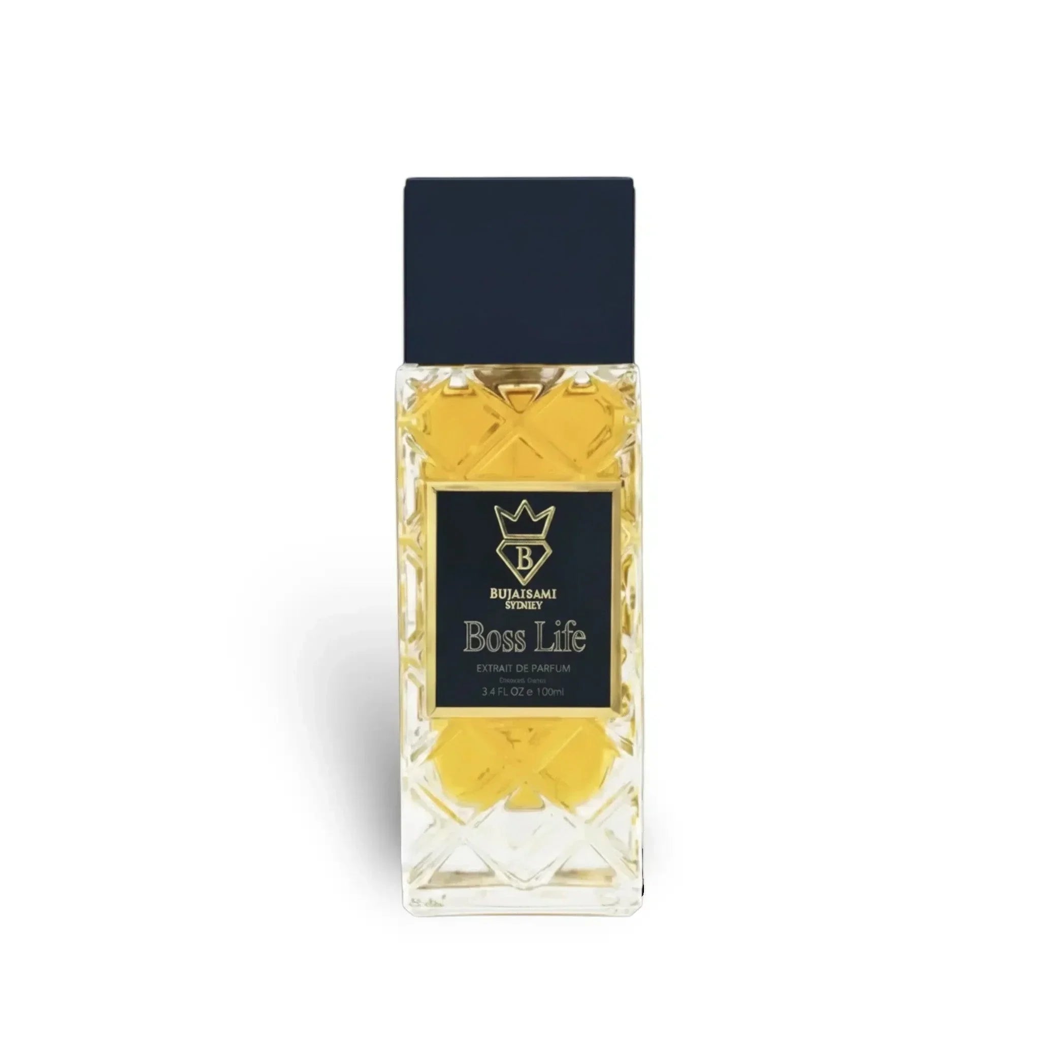 Boss Life Extrait de Parfum von Bujaisami Sydney, luxuriöses Parfum mit goldener Flasche und schwarzem Deckel