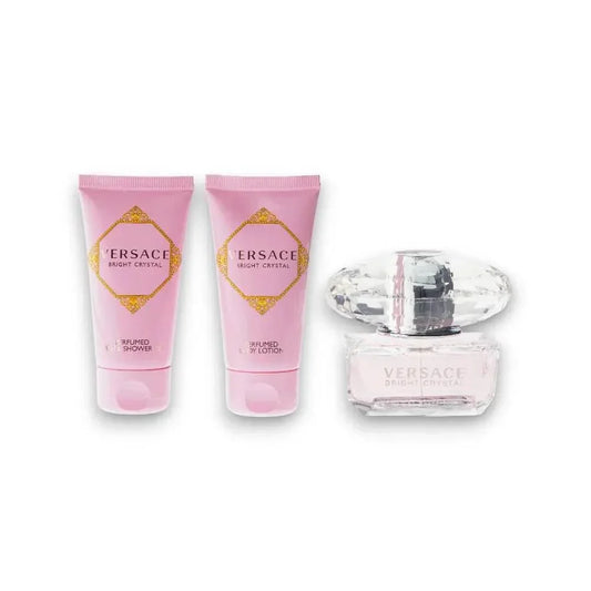 Versace Bright Crystal Duftset mit Eau de Toilette, Body Lotion und Duschgel, rosa Verpackung