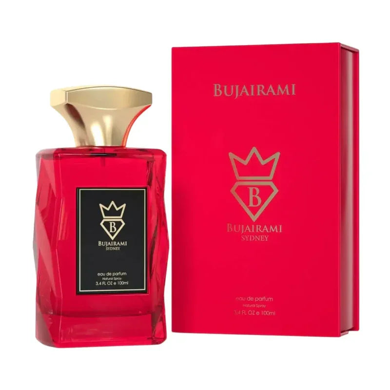 Rotes Luxusparfum Bujairami Sydney mit goldener Krone und eleganter Verpackung