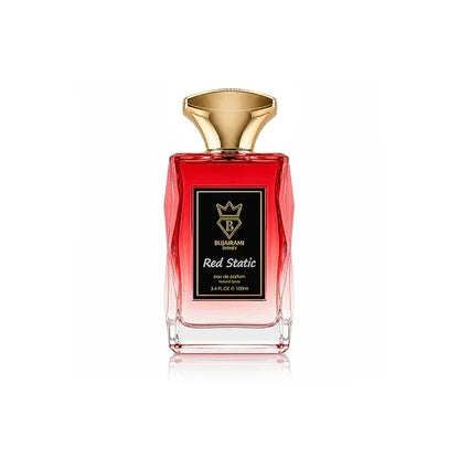 Luxusparfum Red Static in rotem Glasflakon mit goldener Kappe, edler Damen- und Herrenduft
