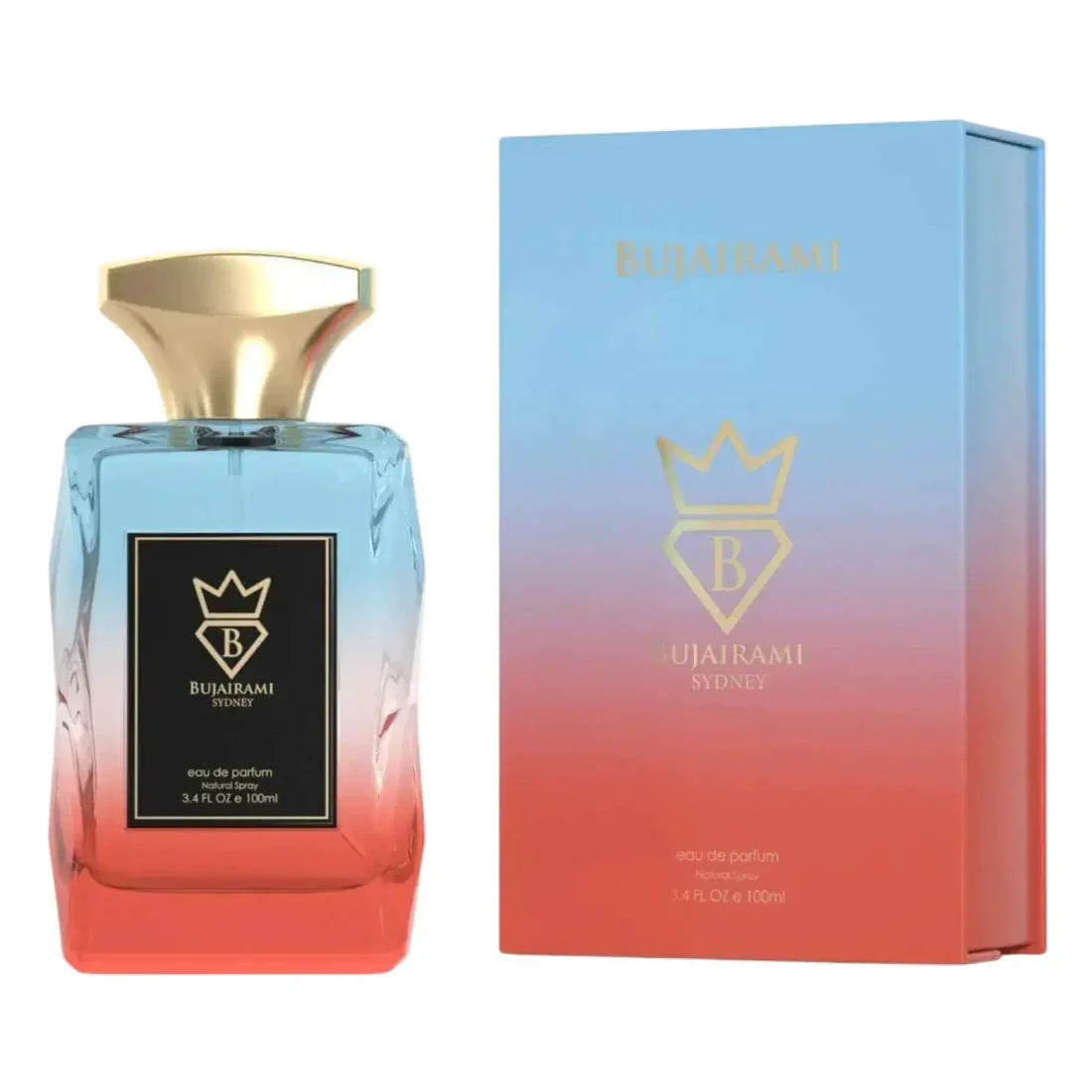 Bujairami Sydney Eau de Parfum Flasche mit goldener Kappe und farbverlaufendem Design neben passender Verpackung