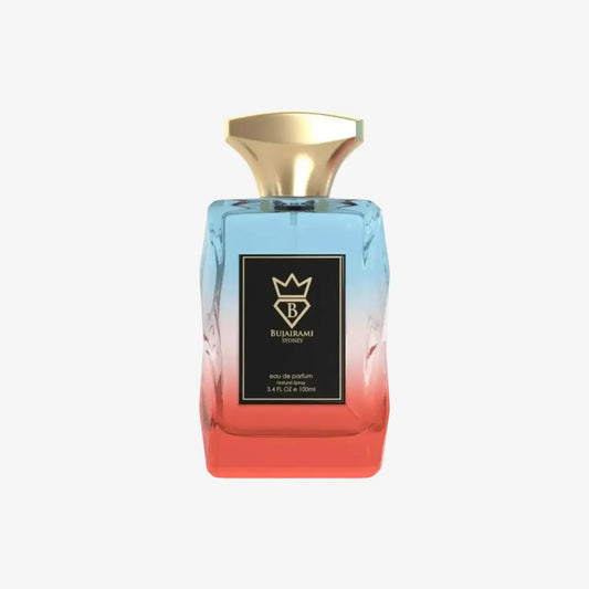 Luxus Eau de Parfum Flasche mit blau-rosa Farbverlauf und goldenem Verschluss, 100ml