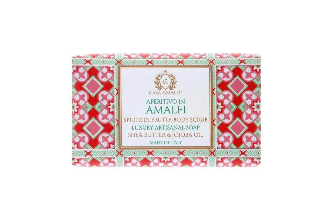 Luxusseife mit Sheabutter und Jojobaöl, bunte Verpackung, Produktbeschriftung sichtbar