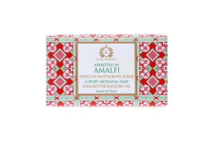 Luxusseife mit Sheabutter und Jojobaöl, bunte Verpackung, Produktbeschriftung sichtbar