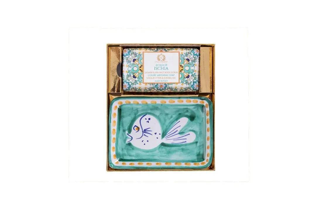 Luxuriöses Geschenkset mit bunter Seife und handbemalter Keramik-Seifenschale, Fischmotiv
