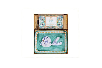 Luxuriöses Geschenkset mit bunter Seife und handbemalter Keramik-Seifenschale, Fischmotiv