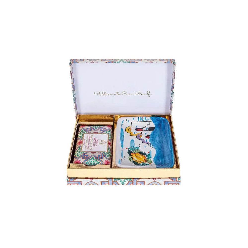 Luxuriöses Geschenkset mit dekorativer Keramikschale und Seife, mediterranes Design