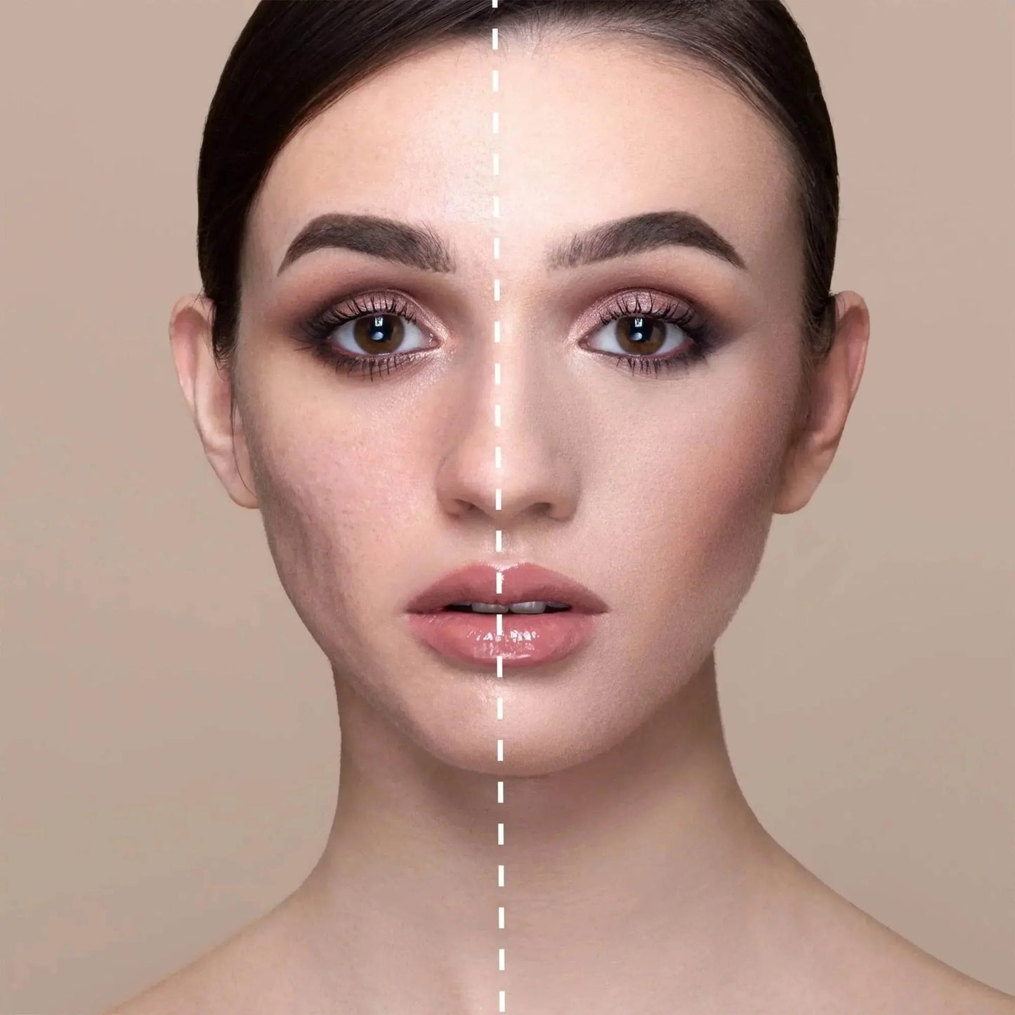 Vorher-nachher-Bild mit Concealer, zeigt verbesserten Teint und ebenmäßige Haut