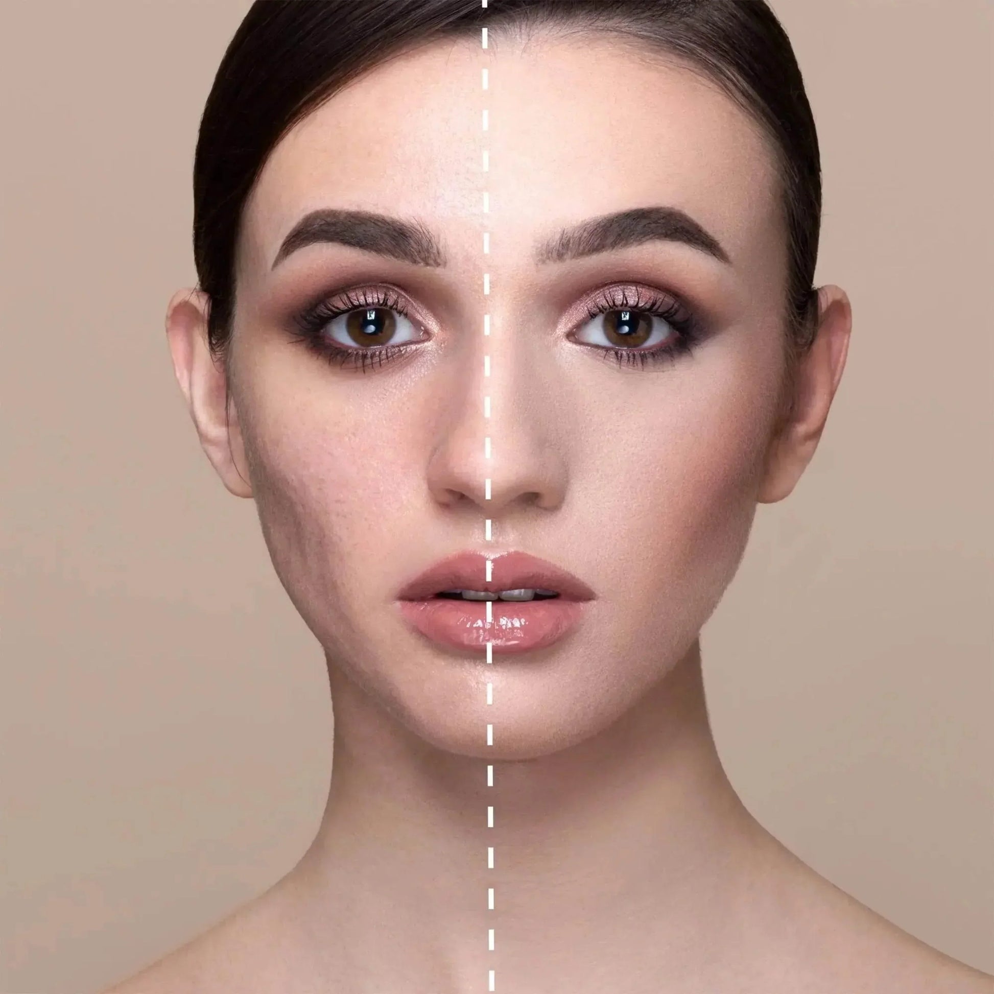Vorher-nachher-Bild mit Concealer, zeigt verbesserten Teint und ebenmäßige Haut