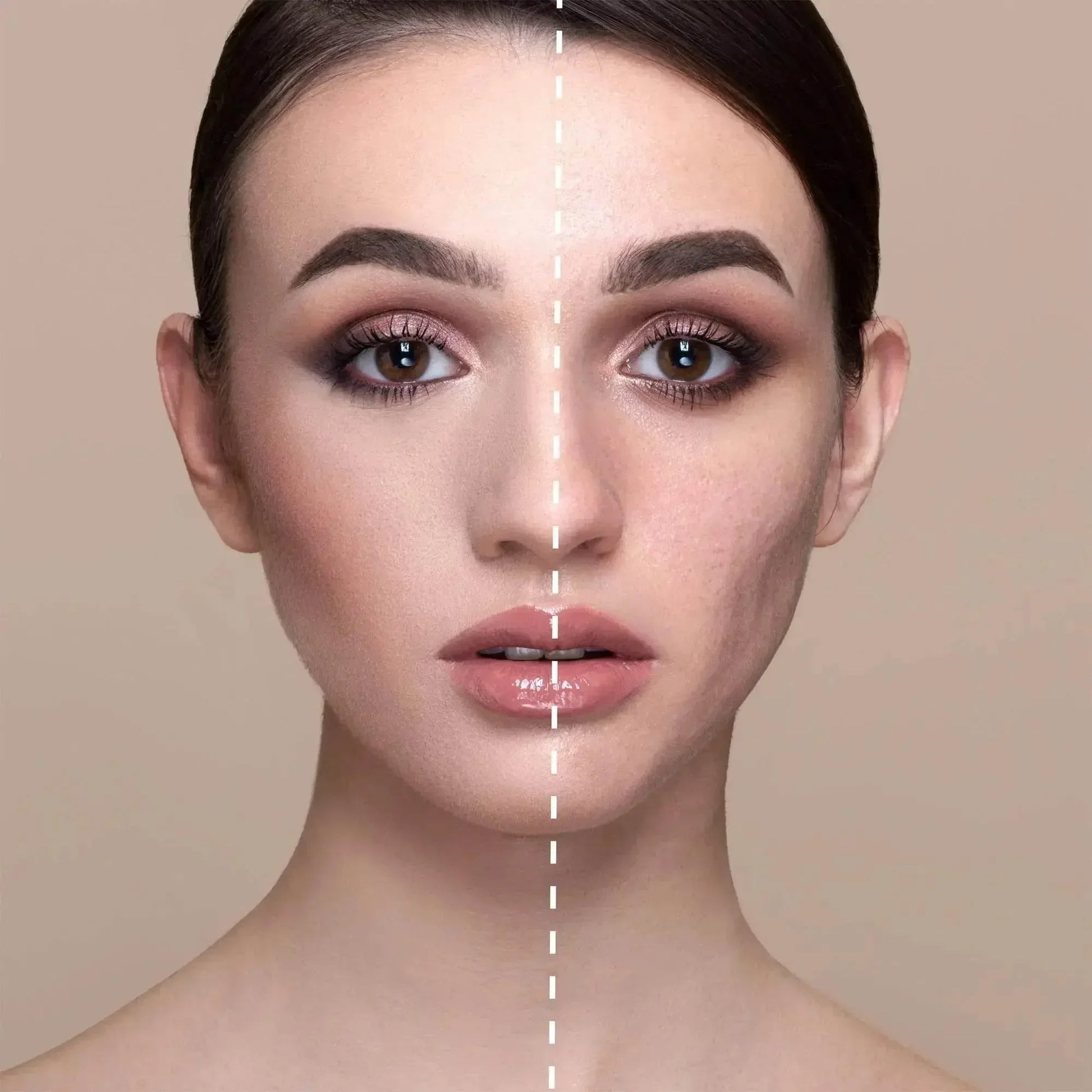 Frauengesicht, halb mit Concealer geschminkt, Vergleich Haut vorher und nachher, Beauty Make-up
