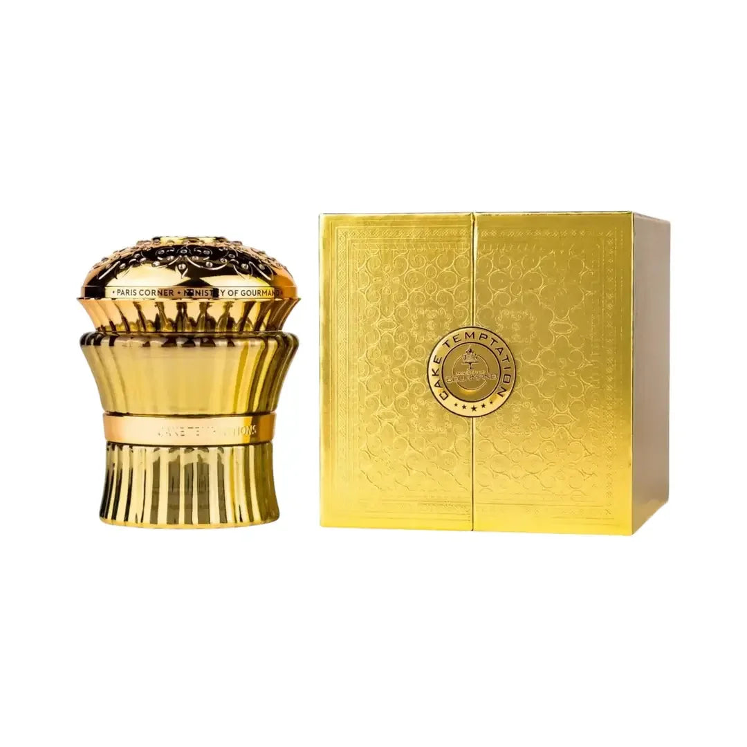 Luxus Parfumflakon in Gold mit passender goldener Geschenkbox, elegantes Design