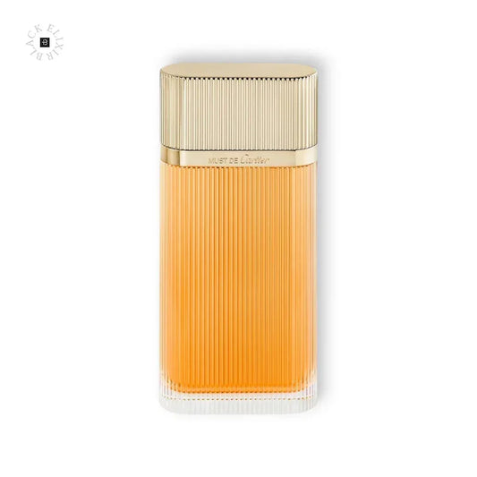 Eleganter Damenparfum-Flakon mit goldfarbenem Deckel und orangefarbenem Duft im Glasflakon.