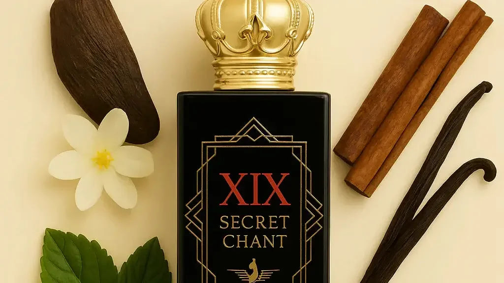 Luxusparfumflakon mit goldener Krone, umgeben von Vanilleschoten, Zimt, Tonkabohne und Blüte