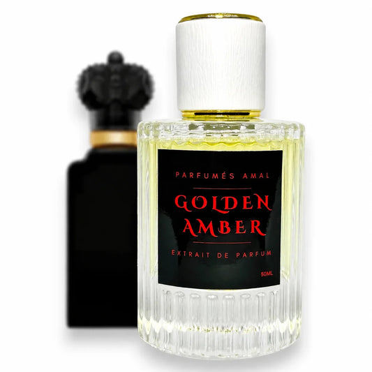 Parfumes Amal Golden Amber Extrait de Parfum Flakon vor schwarzem Hintergrund