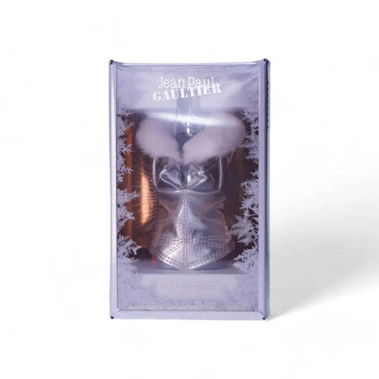 Luxuriöses Parfum im festlichen Flakon, silber mit weißem Fell und Schneeflocken-Motiv