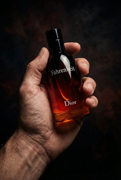 Hand hält eine elegante Parfumflasche mit dunklem Farbverlauf und sichtbarem Schriftzug "Fahrenheit Dior", Nahaufnahme vor dunklem Hintergrund, luxuriöses Herrenparfum.