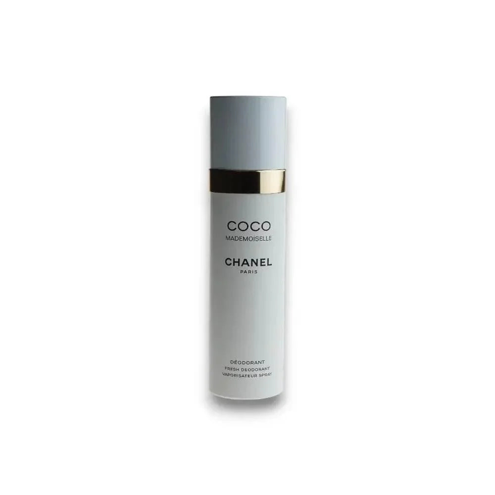 Eleganter Coco Mademoiselle Damen Deo Spray, weiß mit goldener Zier, luxuriöses Design.