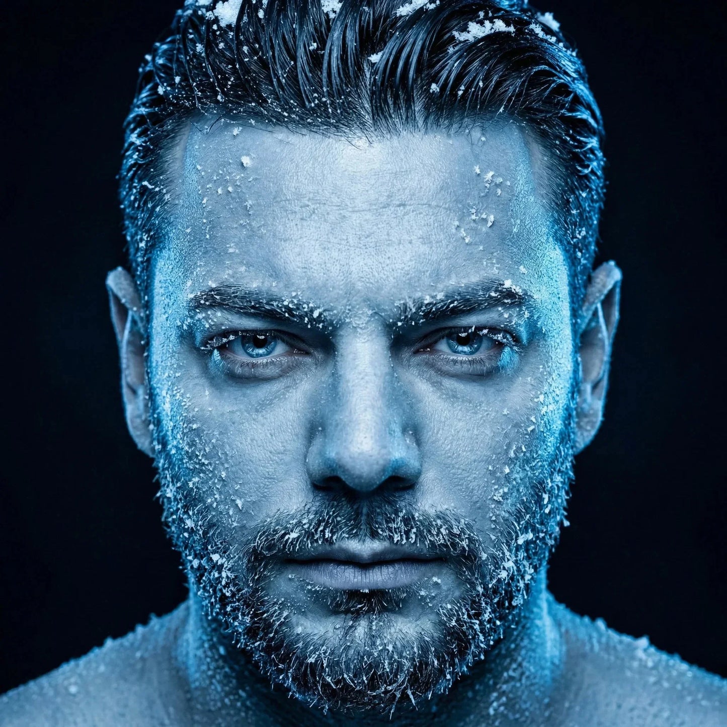 Porträt eines Mannes mit Bart, winterlicher Look, Eiskristalle im Gesicht, nahaufnahme