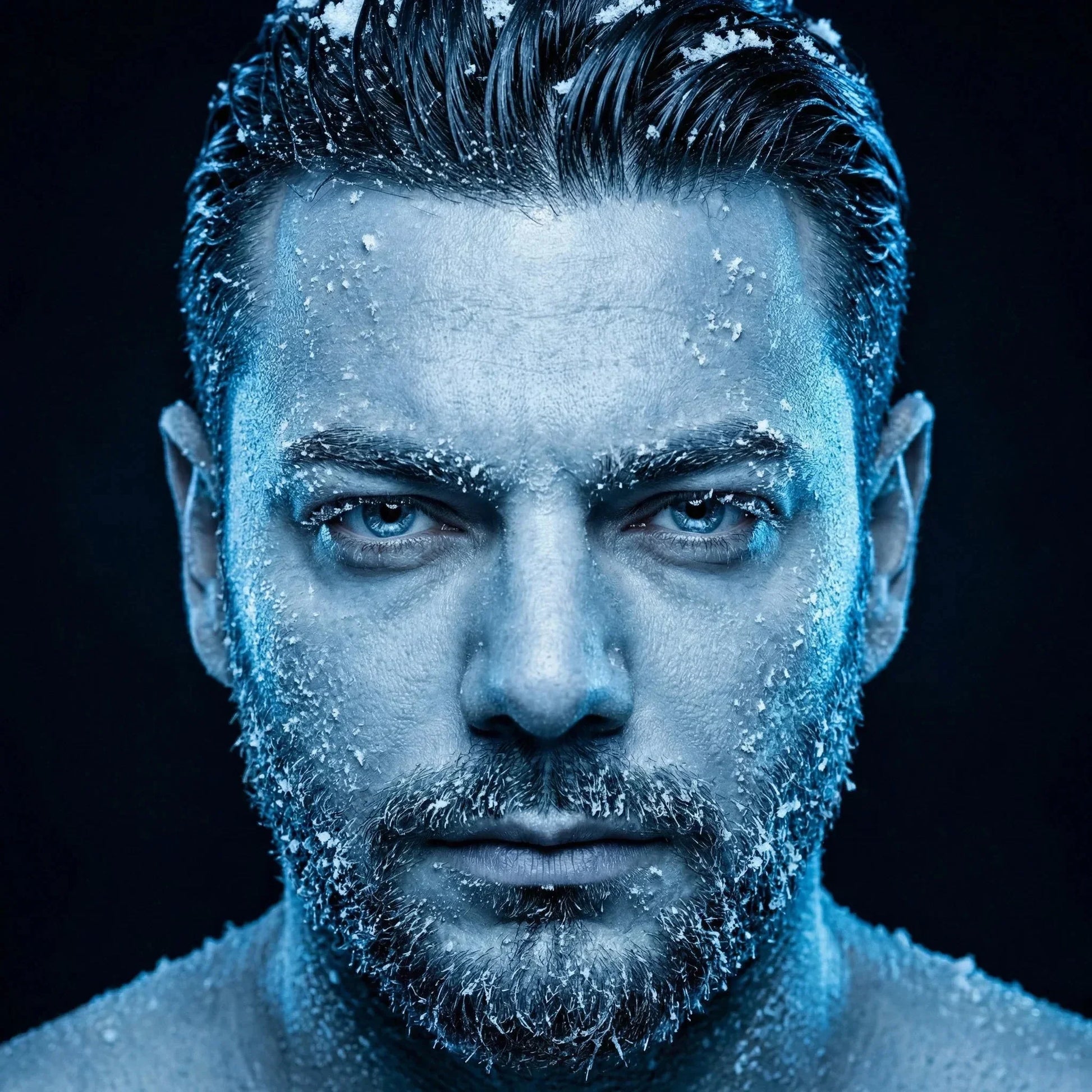 Porträt eines Mannes mit Bart, winterlicher Look, Eiskristalle im Gesicht, nahaufnahme