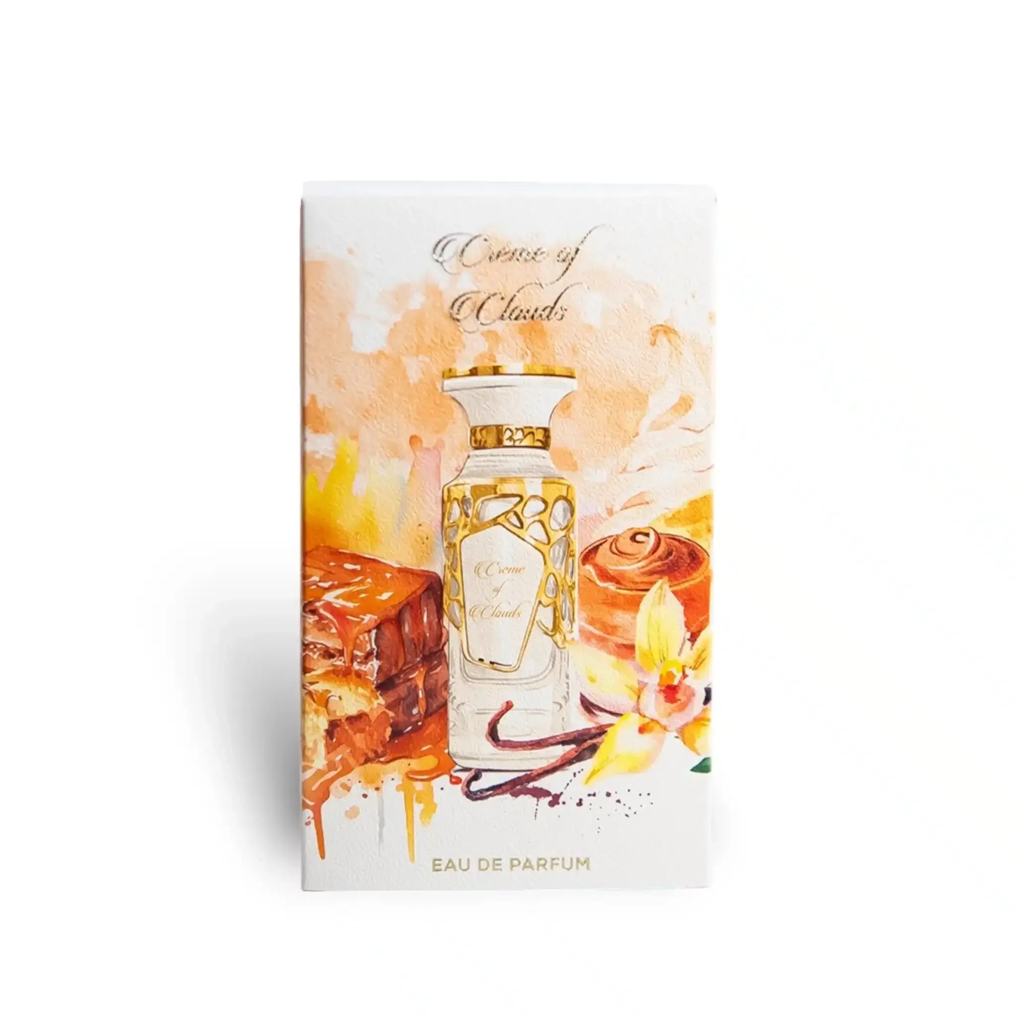Creme of Clouds Parfum Verpackung mit edlem Flakon, Karamell und Vanille Illustration