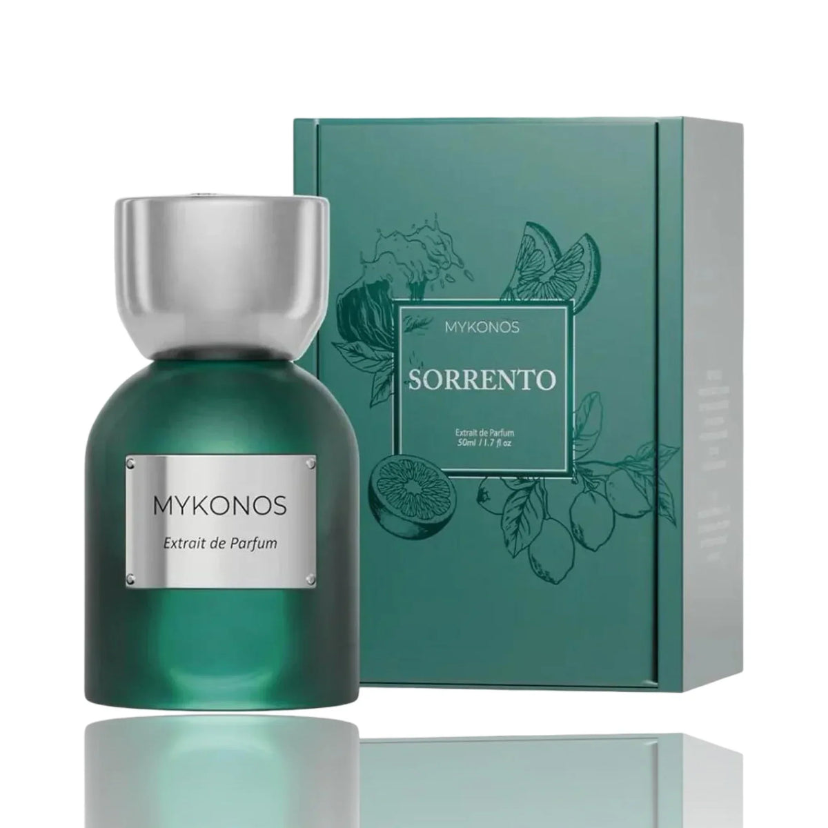 Mykonos Sorrento Extrait de Parfum Flakon und dunkelgrüne Verpackung mit Zitronen-Motiven