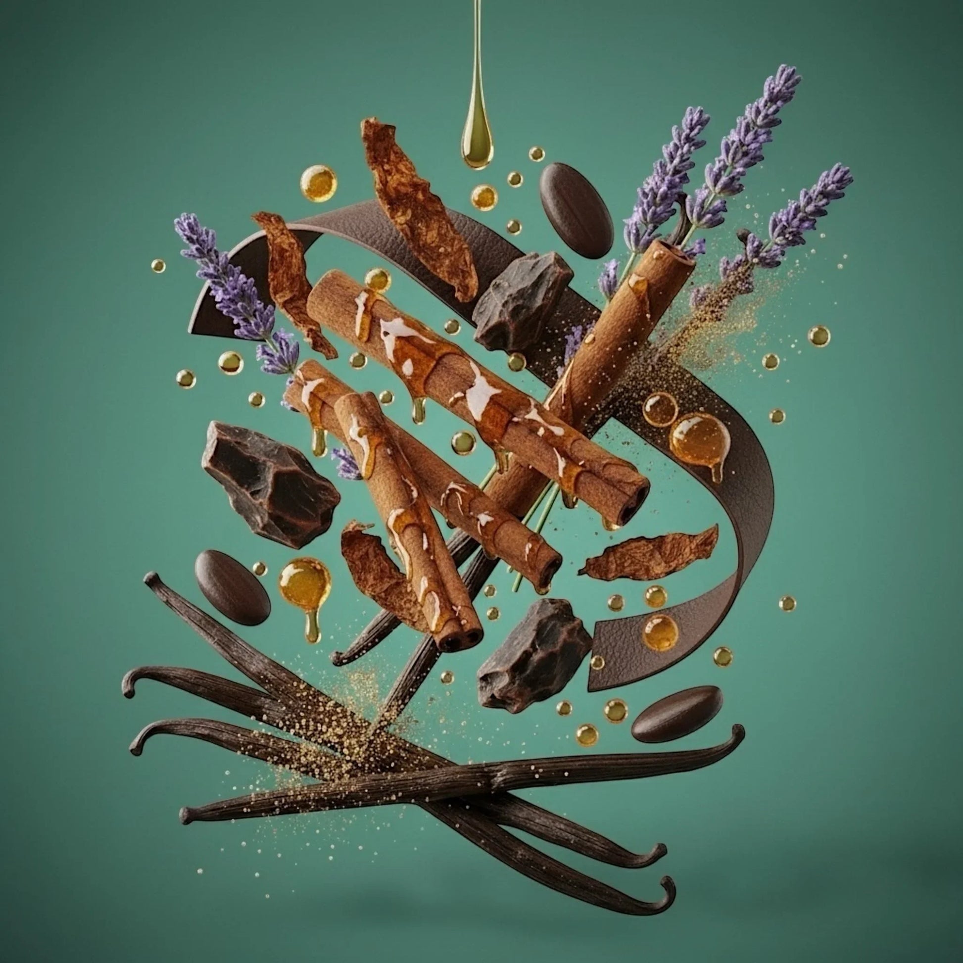 Luxus Duftkomposition mit Lavendel, Zimtstangen, Vanille, Schokolade und goldenen Öltropfen