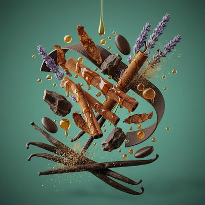 Luxus Duftkomposition mit Lavendel, Zimtstangen, Vanille, Schokolade und goldenen Öltropfen