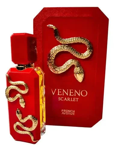 Luxusparfumflakon in Rot und Gold mit Schlangendesign vor rotem Karton, Aufschrift Veneno Scarlet