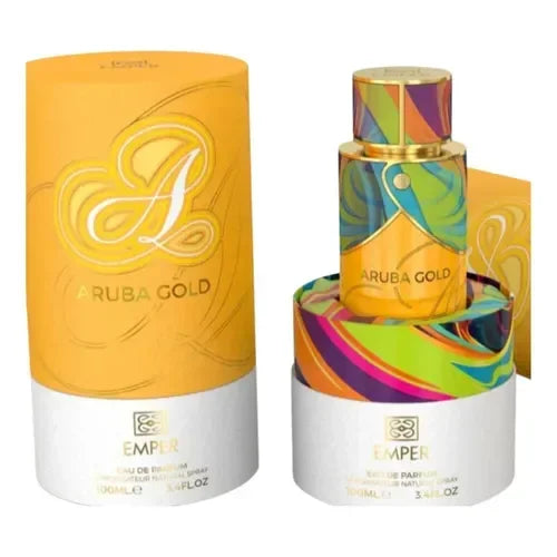 Emper Aruba Gold Eau de Parfum Flakon und Verpackung in Gelb und bunten Farben.