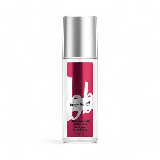 Bruno Banani Dangerous Woman Deodorant Spray 75ml, Damendeodorant mit pinkem Design und silberner Kappe.
