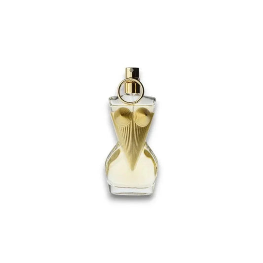 Luxus Damenparfum Flakon in weiblicher Körperform mit goldener Verzierung auf weißem Hintergrund