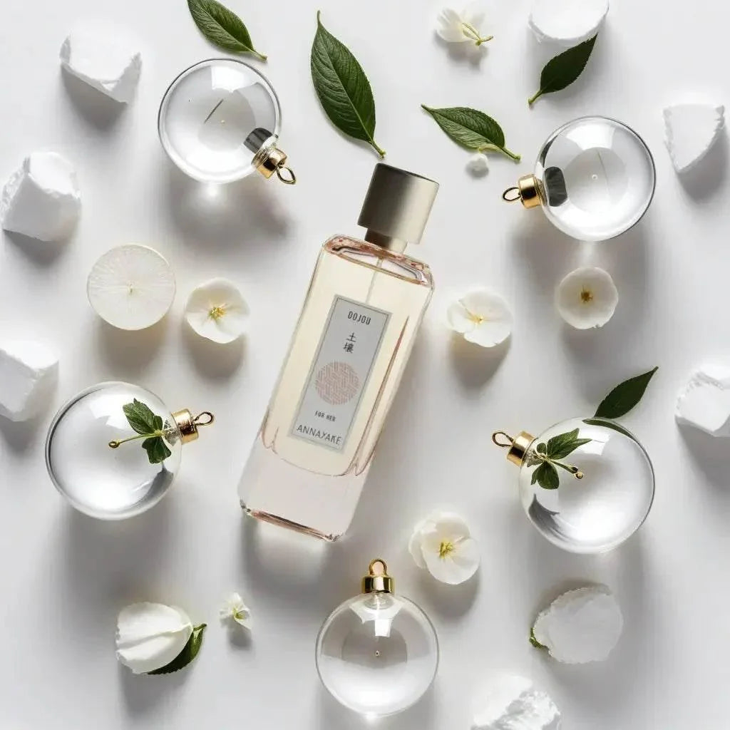 Edles Damenparfum im Glasflakon mit Blättern und Blüten, luxuriöses Ambiente