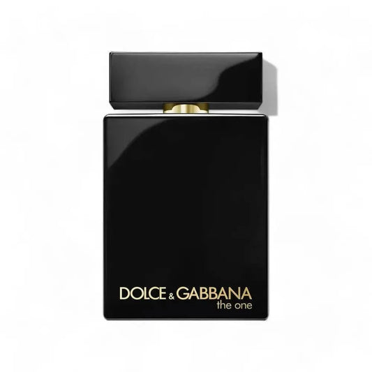 Schwarzer Flakon des Herrenparfums Dolce & Gabbana The One Intense auf weißem Hintergrund
