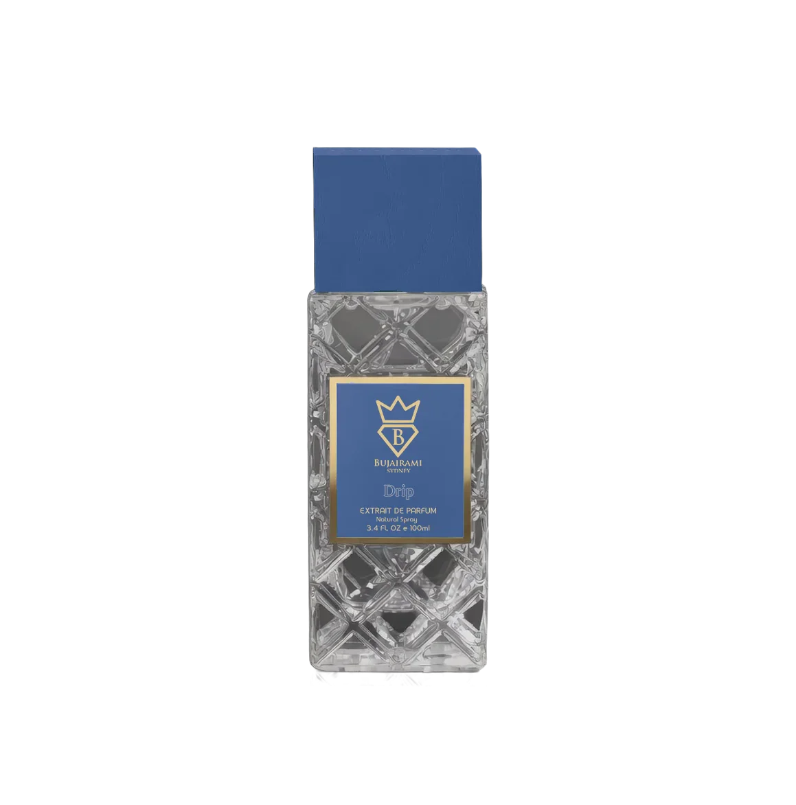 Bujairami Drip Extrait de Parfum, luxuriöser Herrenduft in edler Glasflasche mit blauem Deckel