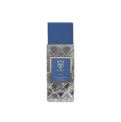 Bujairami Drip Extrait de Parfum, luxuriöser Herrenduft in edler Glasflasche mit blauem Deckel