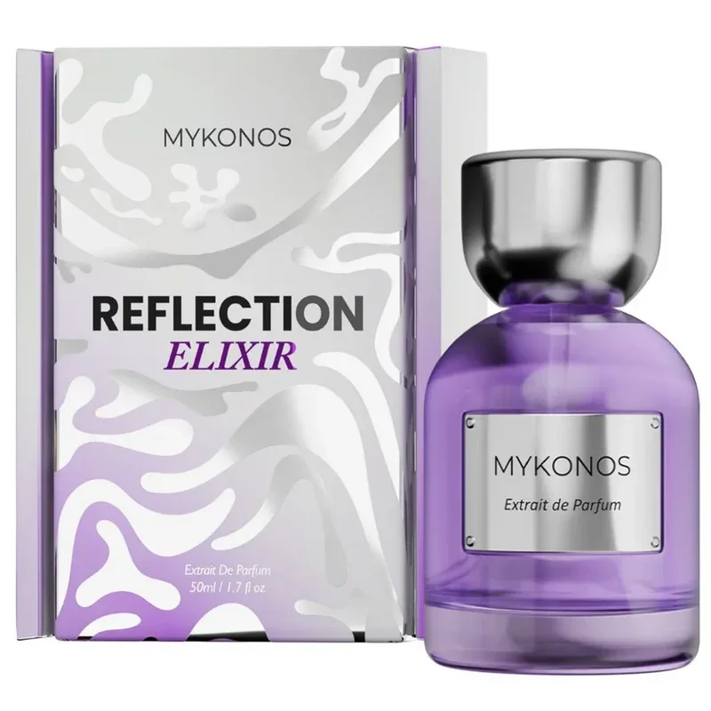 Mykonos Reflection Elixir Extrait de Parfum Flakon und Verpackung in Lila und Silber