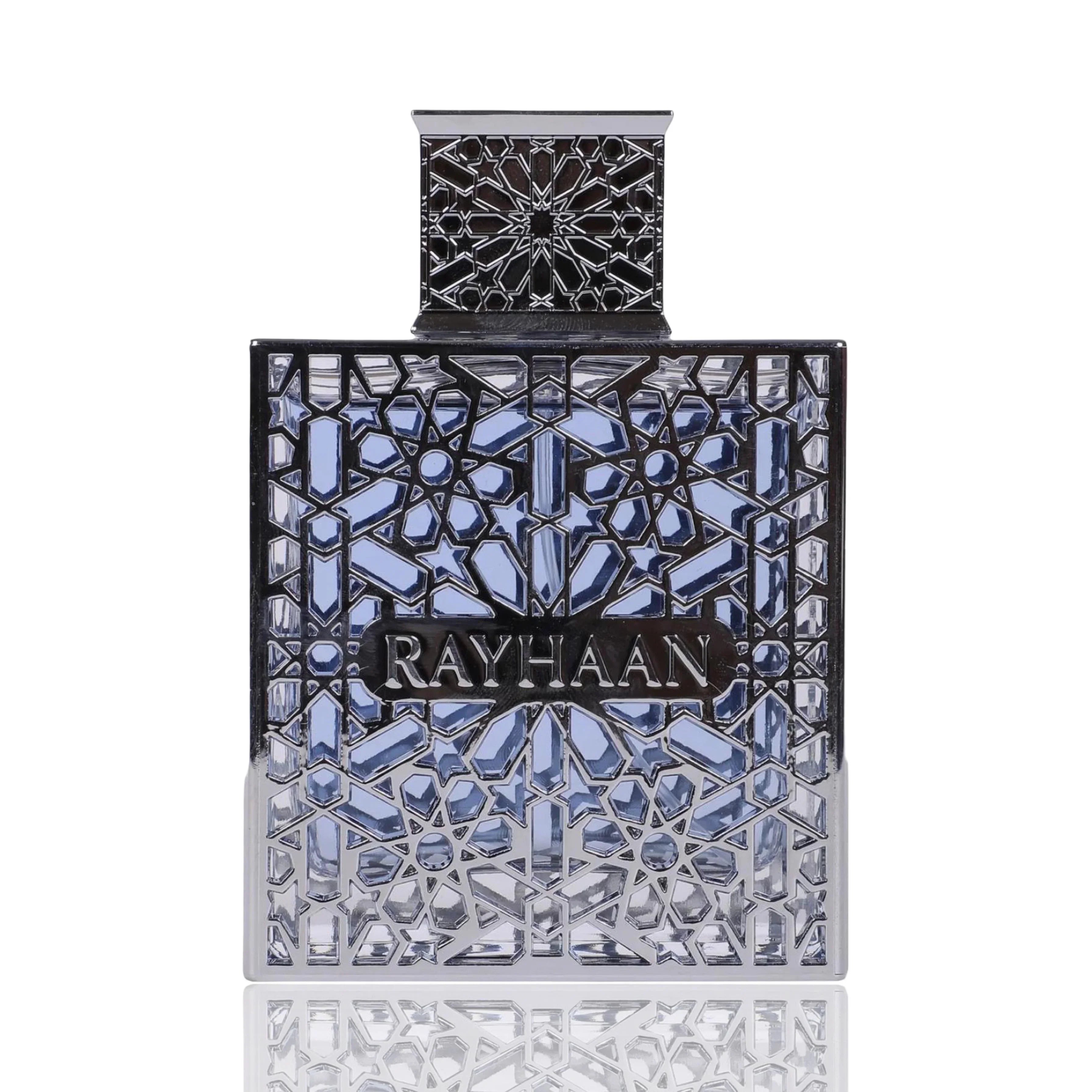Elegante Parfümflasche mit blau-silbernem Mosaikdesign und 'RAYHAAN'-Schriftzug