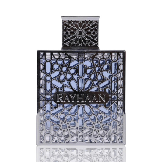 Elegante Parfümflasche mit blau-silbernem Mosaikdesign und 'RAYHAAN'-Schriftzug