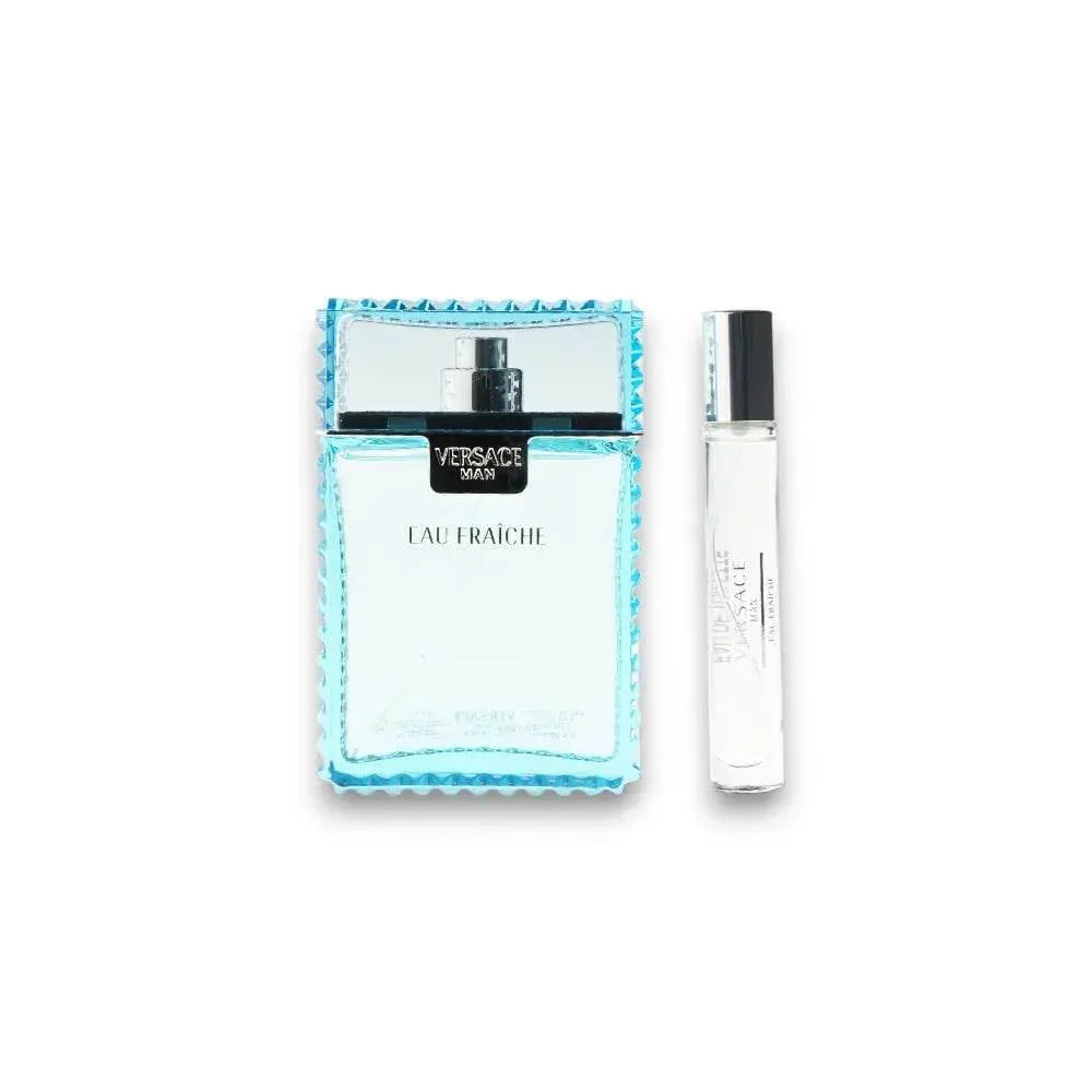 Versace Eau Fraîche Duftset mit Eau de Toilette Flakon und Miniatur auf weißem Hintergrund