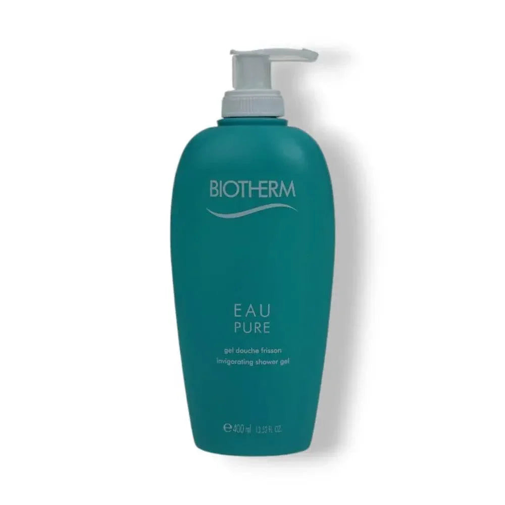 BIOTHERM Eau Pure Duschgel in türkisfarbener Flasche mit Pumpspender, 400 ml, auf weißem Hintergrund.
