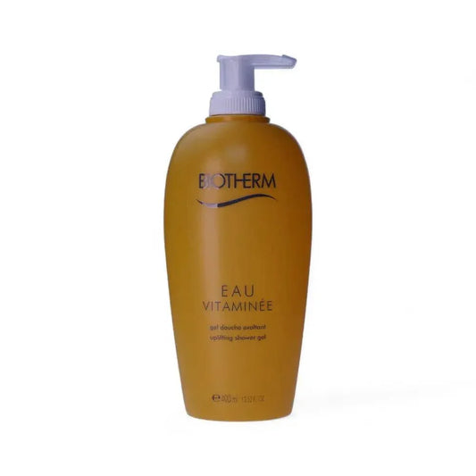 Gelbes Eau Vitaminée Duschgel mit Pumpverschluss, 400 ml, auf weißem Hintergrund