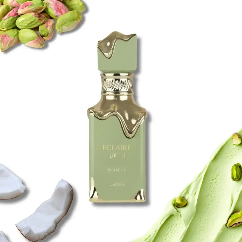 Luxusparfum Eclaire Pistache mit grünem Flakon, Pistazien, Kokosnuss und Creme-Dekor